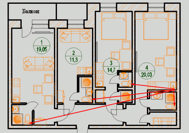 V investremonte drenažo celotnega dvižni vod poteka v vsaki sobi stanovanja.